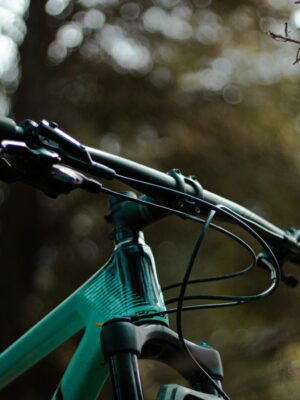 Detailed close-up of a mountain bike handlebar in a natural outdoor setting.